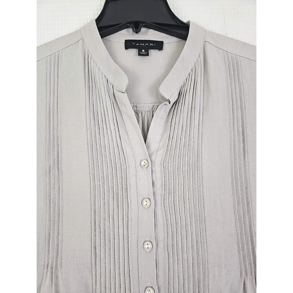 Tahari ~Woman Size S~ Gray Linen Blend Dress Pleated Coastal Roll-Up Sleeves. - Picture 7 of 15